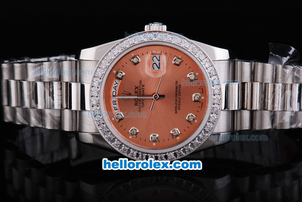 Rolex Day-Date Oyster Perpetual Automatic Rose Red Dial with Diamond Bezel and Marking - Click Image to Close